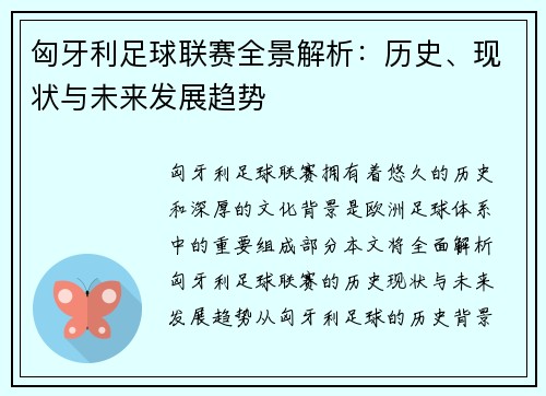 匈牙利足球联赛全景解析：历史、现状与未来发展趋势