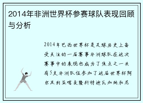 2014年非洲世界杯参赛球队表现回顾与分析