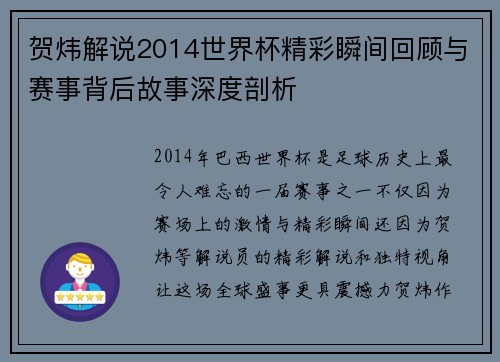 贺炜解说2014世界杯精彩瞬间回顾与赛事背后故事深度剖析